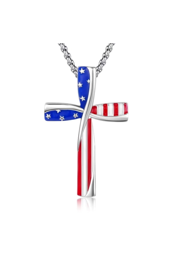 American Flag Cross Pendant Necklace for Men Women, Stainless Steel USA Patriotic Cross Necklace 50cm Chain, Independence Day Jewelry Gift