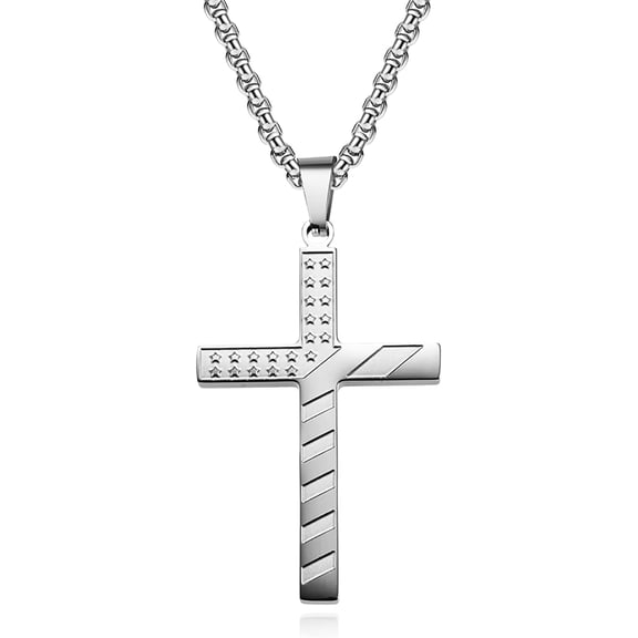 VENSIO-American Flag Cross Pendant Necklace for Men and Women, Stainless Steel with Philippians 4:13 Engraved, Black Gold Silver, 23.6 Inch Chain-silver-