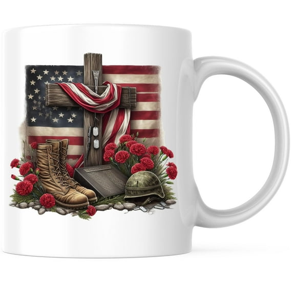 American Flag with Cross Solider Boots Coffee Mug - Remember the Fallen Military - 11 Ounce Coffee Mug - Microwave & Dishwasher Safe - White Handle & Interior - Printed On Both Sides - BMCM01082