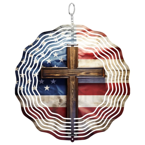 American Flag Cross Wind Spinner Metal Outdoor Decor Rustic Americana Red White Blue Distressed