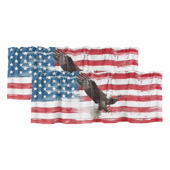 American Flag Curtain Valances for Windows, Kitchen Valance Window Treatments Panel 2 Pack, Eagle Watercolor USA Flag Rod Pocket Short Curtains for Bathroom Bedroom 54 x 18 Inch