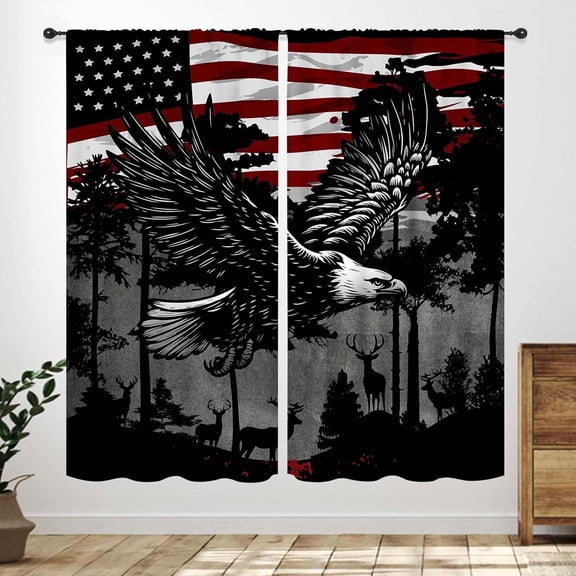 American Flag Curtains,4th of July Independece Day Flying Bird Eagles Woodland Deer Vintage Stars Stripes Flag Pattern Window Drapes for Bedroom Living Room Bathroom 42" W x 84" L,2 Panel Set