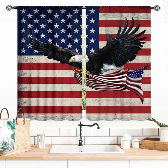 American Flag Curtains, Rustic 4th of July Independece Day Flying Bald Eagle USA Stars Stripes Flag Patriotic Decor for Bedroom Living Room Kitchen Bathroom Window Drapery 2 Panels, 40x28 Inch