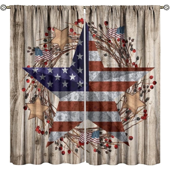 American Flag Curtains, Rustic Farmhouse Barn Door Western Star Vintage Brown Wood Planks Red Berries Wreath Print Window Drapes for Kitchen Living Room Bedroom, 42x84in