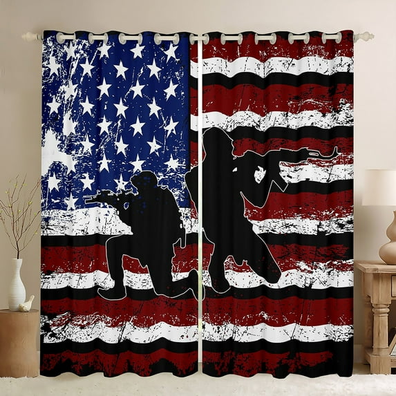 American Flag Curtains Vintage Army Soldier Silhouette Blackout Curtains 42''Wx63''L, Military force Curtains & Drapes for Youth Young Man Grunge Stars and Stripes Window Curtains for Bedroom