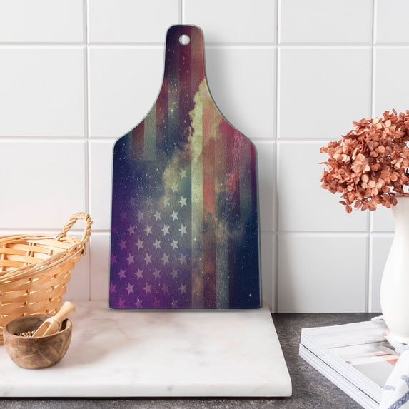 American Flag Cutting Board, Exposure Usa National Outer Space Night Cloudy Free Universe Cosmos Display, Tempered Glass Cutting and Serving Board, Wine Bottle Shape, Multicolor, by Ambesonne