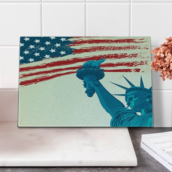 American Flag Cutting Board, Liberty Form over States Flag Murky Lines Freedom Art, Decorative Tempered Glass Cutting and Serving Board, Small Size, Multicolor, by Ambesonne