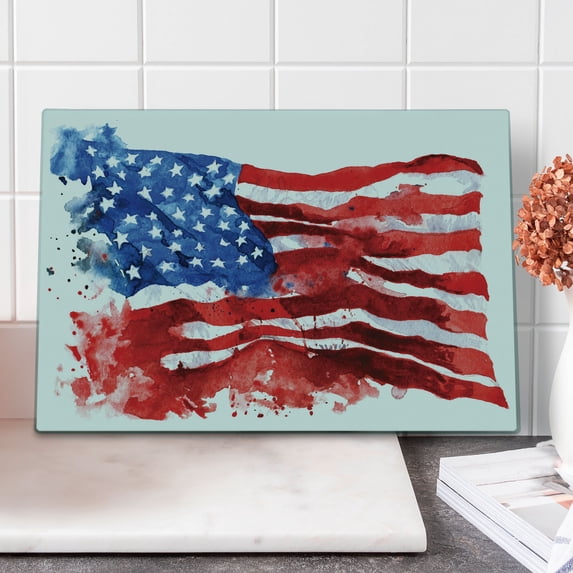 American Flag Cutting Board, National Paint Brush Watercolor Digital Stroke Messy Graffiti Art Design Print, Decorative Tempered Glass Cutting and Serving Board, Large Size, Red Blue, by Ambesonne