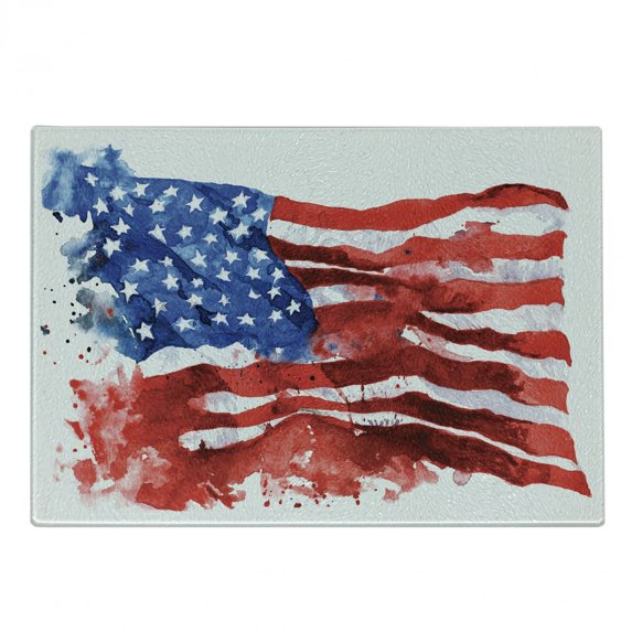 American Flag Cutting Board, National Paint Brush Watercolor Digital Stroke Messy Graffiti Art Design Print, Decorative Tempered Glass Cutting and Serving Board, Small Size, Red Blue, by Ambesonne