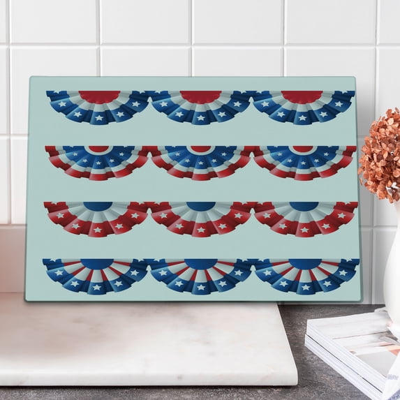 American Flag Cutting Board, Flag Round Bunting Election Ornament Politic Union Ribbon Event Pattern Print, Decorative Tempered Glass Cutting and Serving Board, Large Size, Blue Red, by Ambesonne