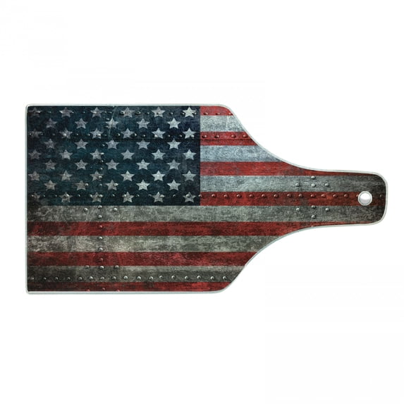 American Flag Cutting Board, Royalty Flag Textured US Backdrop on Damaged Board Plate Design Art Print, Decorative Tempered Glass Cutting and Serving Board, Wine Bottle Shape, Red Grey, by Ambesonne