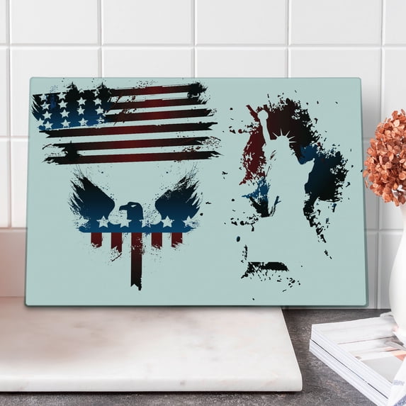 American Flag Cutting Board, Set Bald Eagle and Stripes Stars of Liberty Grunge Retro, Decorative Tempered Glass Cutting and Serving Board, Large Size, Navy Maroon, by Ambesonne