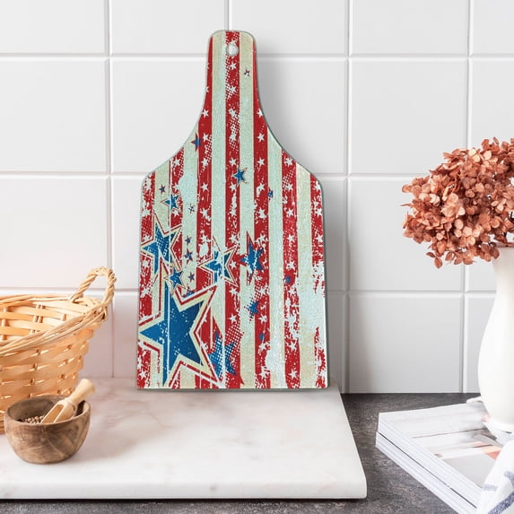 American Flag Cutting Board, USA National Star Horizontal Stripes Pride Grunge Design Image, Decorative Tempered Glass Cutting and Serving Board, Wine Bottle Shape, Vermilion Blue, by Ambesonne