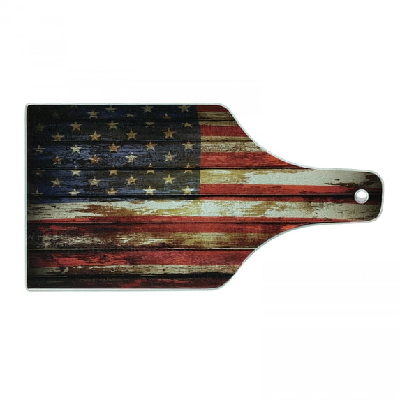 American Flag Cutting Board, Us over Old Rusty Tones Weathered Vintage Social Plank Art, Decorative Tempered Glass Cutting and Serving Board, Wine Bottle Shape, Multicolor, by Ambesonne