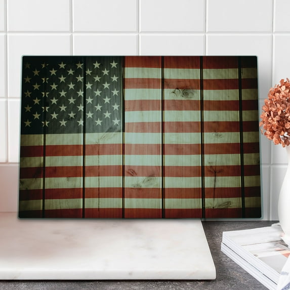 American Flag Cutting Board, Usa Flag over Vertical Striped Wooden Board Citizen Solidarity Art, Decorative Tempered Glass Cutting and Serving Board, Large Size, Blue Red, by Ambesonne