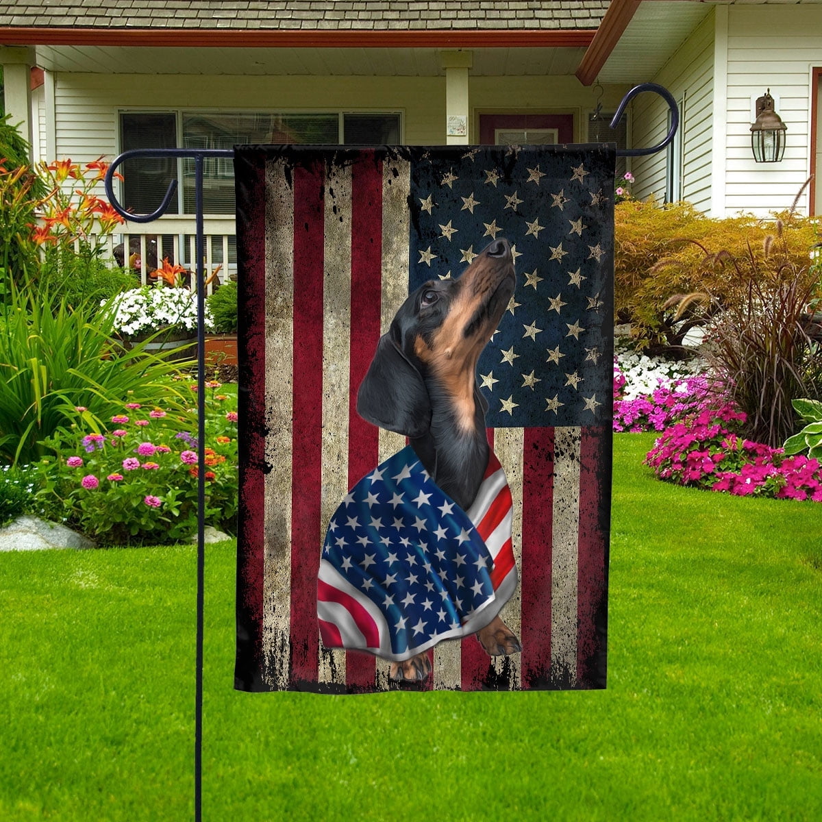 American Flag Dachshund Dog Wearing Flag American Patriot Patriotic 4th of july Garden Flag, Double-Sided Decorative Outdoor Flag, Patriotic Polyester Yard Flag 12 x 18 in