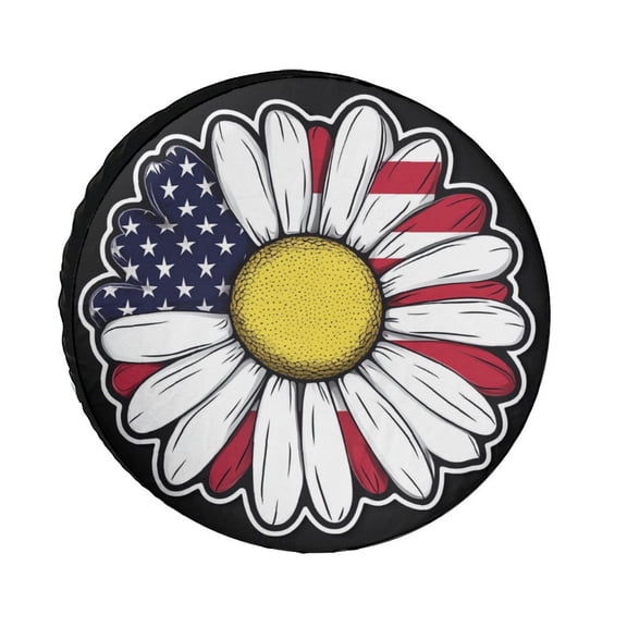 American Flag Daisy Camping Spare Tire Cover Independence Day Patriotic Wheel Protectors Weatherproof Wheel Covers for Trailer SUV Truck Camper Travel Trailer Accessories 12inch
