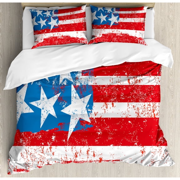 American Flag Decor Queen Size Duvet Cover Set, Culture Flag Solidarity of USA Stars Inspiration Retro Royalty Artwork, Decorative 3 Piece Bedding Set with 2 Pillow Shams, Coral White, by Ambesonne