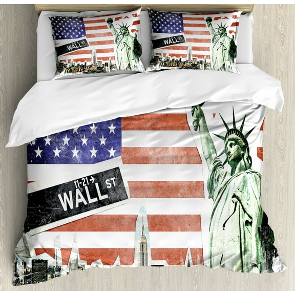 American Flag Decor Queen Size Duvet Cover Set, NYC Collage with Famous Monuments Wall Street and Manhattan Urban Display, Decorative 3 Piece Bedding Set with 2 Pillow Shams, Multi, by Ambesonne