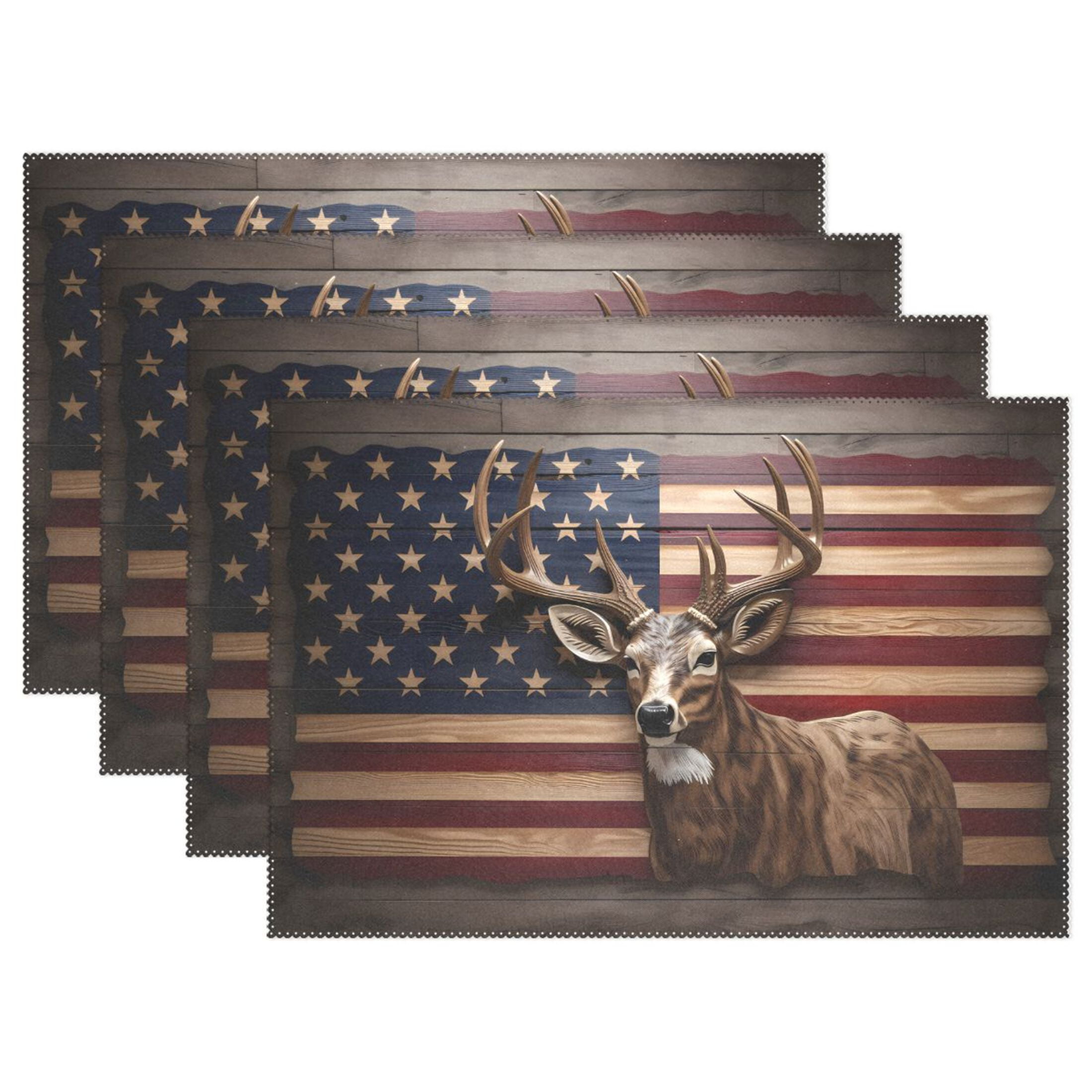 American Flag Deer 12×18 inch Placemats Heat Resistant Washable Foldable Rectangular Placemats Set Decoration Indoor Outdoor for Kitchen Dining Table 6PCs