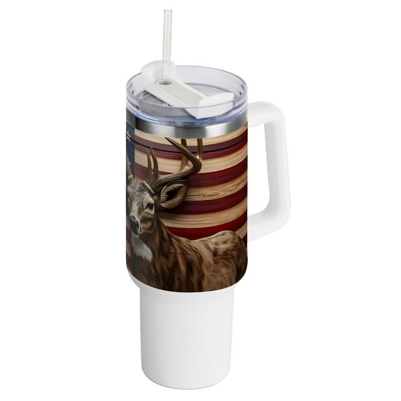 American Flag Deer 40 oz Tumbler with Handle Insulated Travel Mug Lid Straw Leak Proof Steel Vacuum Water Bottles Glasses Fits in Car Cup Holder