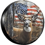 American Flag Deer Animal Spare Tire Cover for Trailer Rv SUV Truck Camper Trailer, Funny Animal Wheel Protectors Weatherproof Universal Fit Travel Outdoor,15 inch