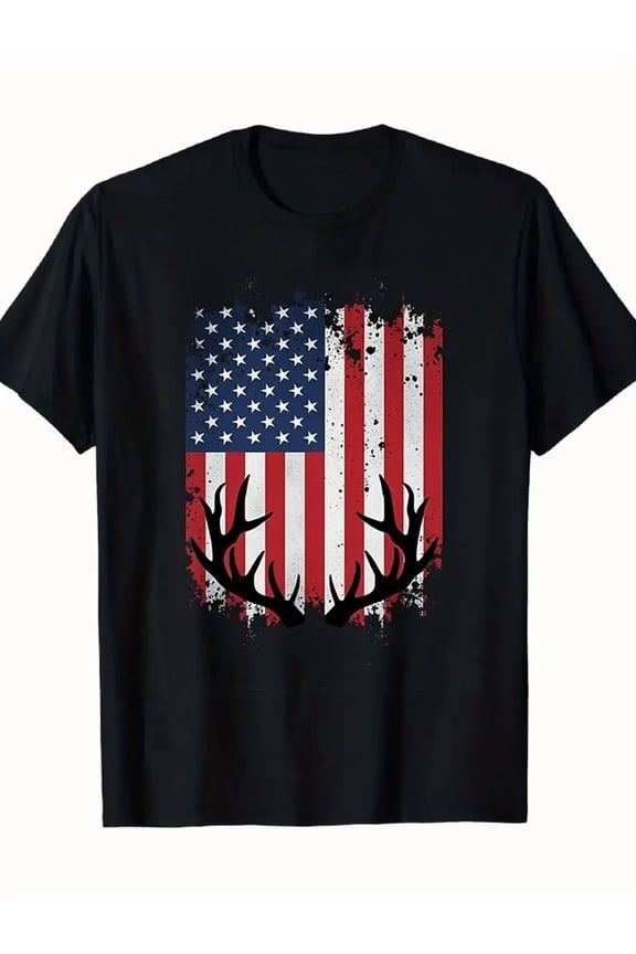 American Flag Deer Antlers Hunting Patriotic Men's Graphic T-Shirt Distressed USA Buck Tee