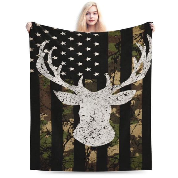 American Flag Deer Blanket, Soft Warm Fuzzy Fleece Plush Blanket, Smooth Cozy Flannel Throw Blanket for Bed 50x40