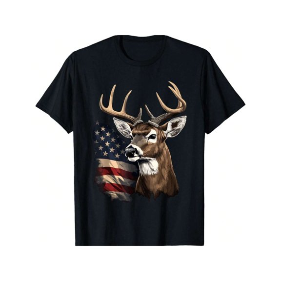 American Flag Deer Buck Patriotic Hunting Graphic T-Shirt for Men