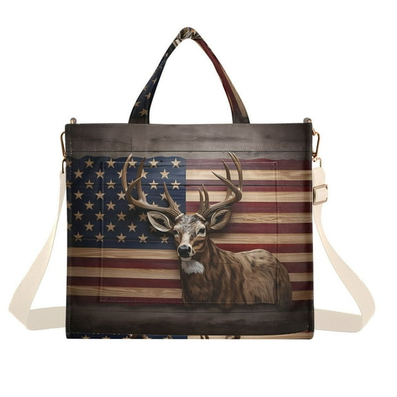 American Flag Deer Corduroy Tote Bag Handbag Large Messenger Bag Shoulder Crossbody Zipper Bag Purse