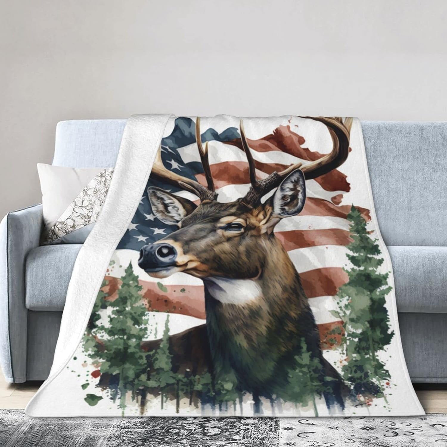 American Flag Deer Fleece Blanket Comfort Warmth Soft Cozy Easy Care