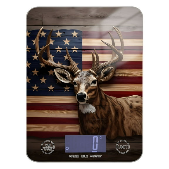 American Flag Deer Food Scale Digital Kitchen Scale Waterproof Tempered Glass Tare Function 11 lb for Baking Cooking Meal Prep
