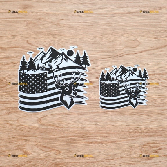 American Flag Deer Head Pine Tree Camping Hunting Life Sunset Car Bumper Sticker Decal Vinyl - 2 Pack Reflective, 4 Inches, 6 Inches