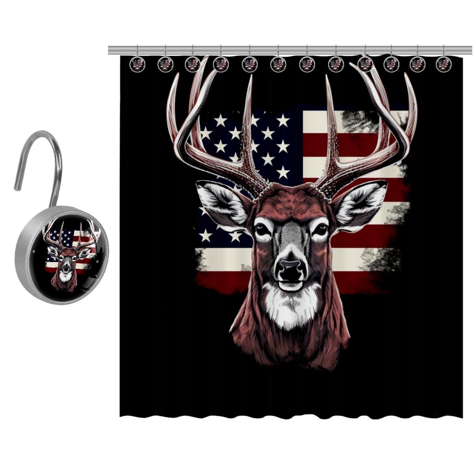 American Flag Deer Head Shower Curtain for Bathroom with 9 Hooks