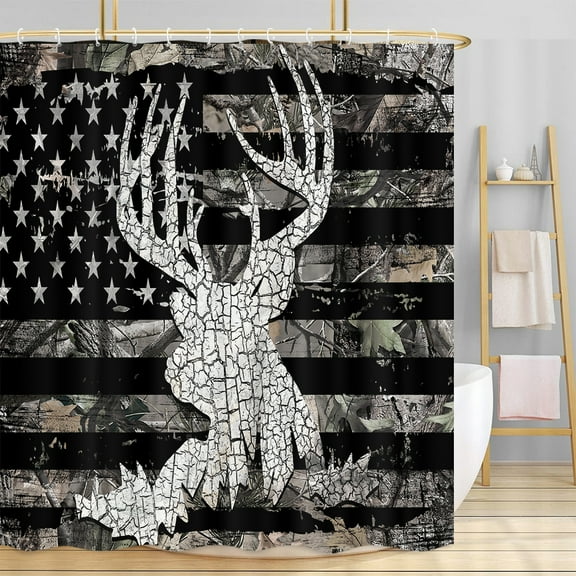 American Flag Deer Shower Curtain,Camo Buck Elk USA Flags Countryside Rural Camouflage Animal Wildlife Antlers Hunting Wooden Bathroom Accessories Farmhouse for Bathroom Curtain Set with Hooks,60X70IN