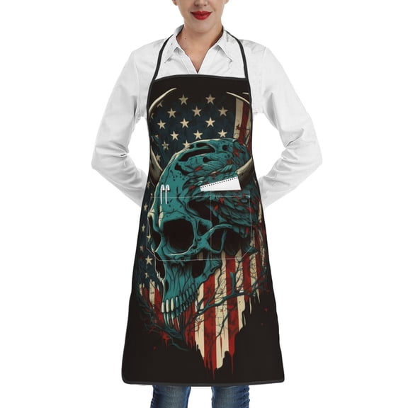 American Flag Deer Skull Camo Camouflage Apron with Pocket Cooking Waterproof Bib Aprons for Kitchen Baking Chef Gardening BBQ