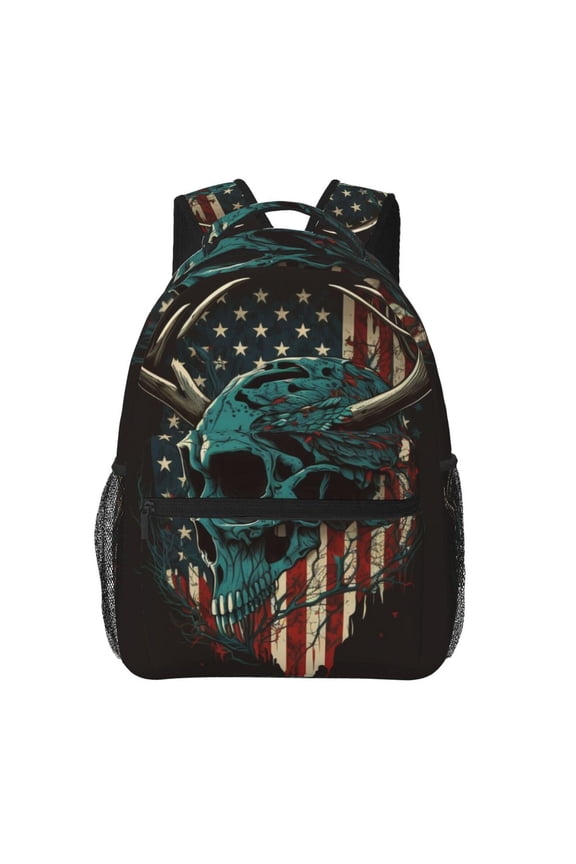 American Flag Deer Skull Camo Camouflage Backpack Casual College Bag Zipper Laptop Daypack Hiking Rucksack Travel