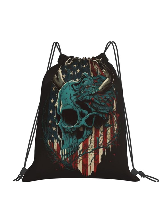 American Flag Deer Skull Camo Camouflage Large Drawstring Backpack Casual Cinch Sack Bag Backpack for Sports Hiking Travel Gym