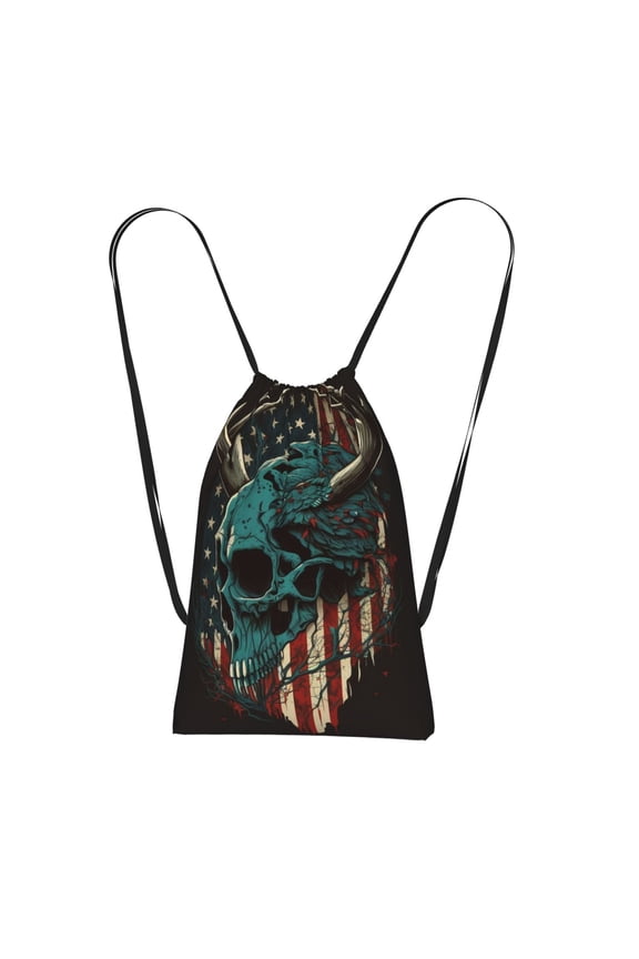 American Flag Deer Skull Camo Camouflage Packable Drawstring Backpack, Lightweight Foldable Cinch Storage Bag for Gym Travel Shopping