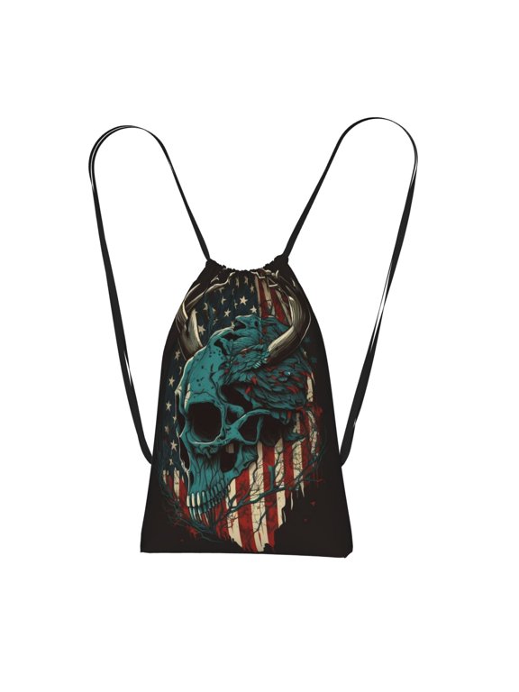 American Flag Deer Skull Camo Camouflage Packable Drawstring Backpack, Lightweight Foldable Cinch Storage Bag for Gym Travel Shopping