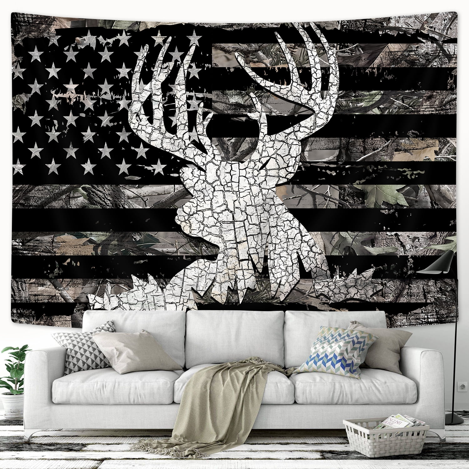 Camo Deer Antler Kids Tapestry,Fish Hook Wild Animals Hunting Wall  Tapestries,Boys Girls Adults Room Decor,Dead Branch Rustic Farmhouse Wall