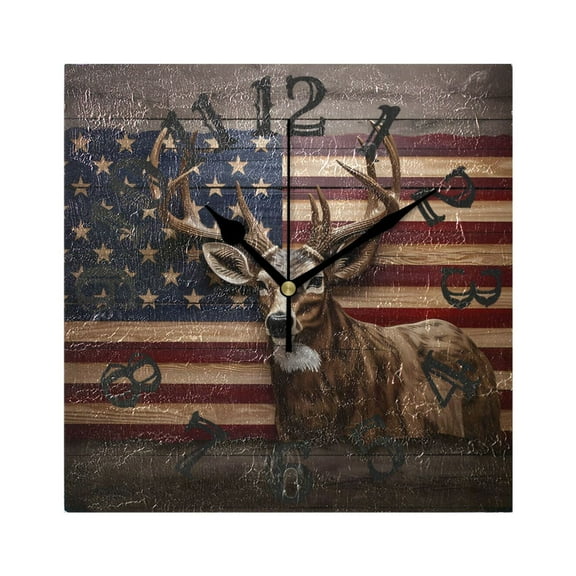 American Flag Deer Wall Clock Square Silent Non Ticking Battery Operated Clock for Home Bathroom Kitchen Bedroom Living Room