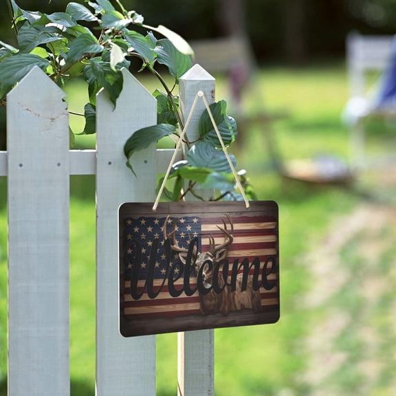 American Flag Deer Welcome Sign for Front Door Porch Wreath Door Sign Home Decoration Rustic Farmhouse Style
