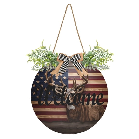 American Flag Deer Welcome Sign for Front Door Wreath Door Sign for Farmhouse Porch Decoration Indoor Outdoor