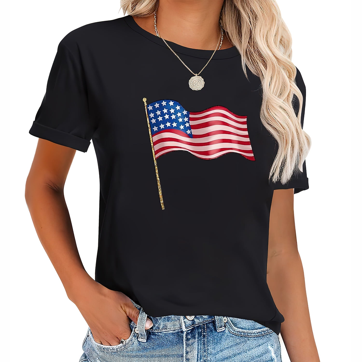 American Flag Design Women s Plus Size T Shirt Black 2X Large