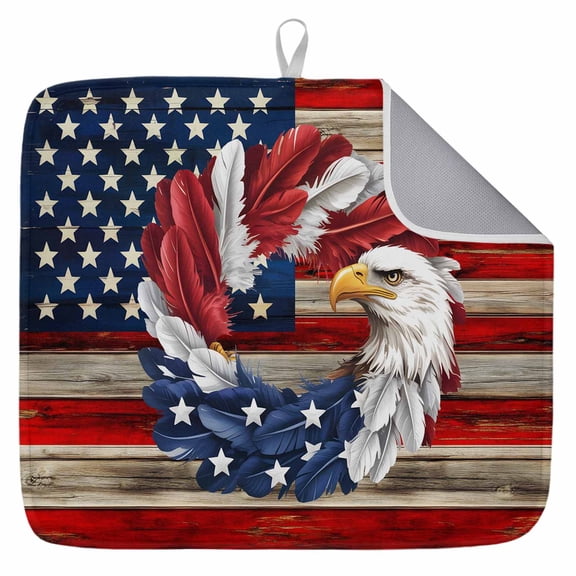 American Flag Dish Drying Mat for Kitchen Counter, Blue Red USA Flag Eagle Wreath Dish Mat Drying Kitchen Mat for Sink Fridge Drawer Absorbent Dishes Drainer Mats Microfiber Drying Pad 1pcs 16"x18"