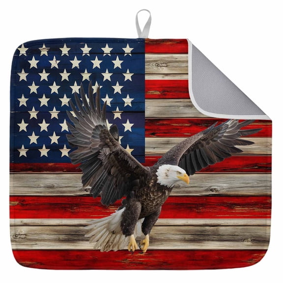 American Flag Dish Drying Mat for Kitchen Counter, Eagle Blue Red USA Flag Retro Dish Mat Drying Kitchen Mat for Sink Fridge Drawer Absorbent Dishes Drainer Mats Microfiber Drying Pad 1pcs 16"x18"