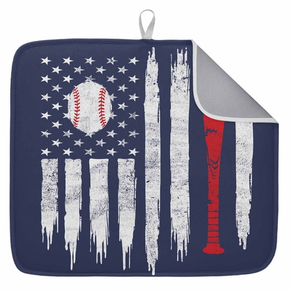 American Flag Dish Drying Mat for Kitchen Counter, US Flag Baseball Stars Navy Blue Dish Mat Drying Kitchen Mat for Sink Fridge Drawer Absorbent Dishes Drainer Mats Microfiber Drying Pad 1pcs 16"x18"