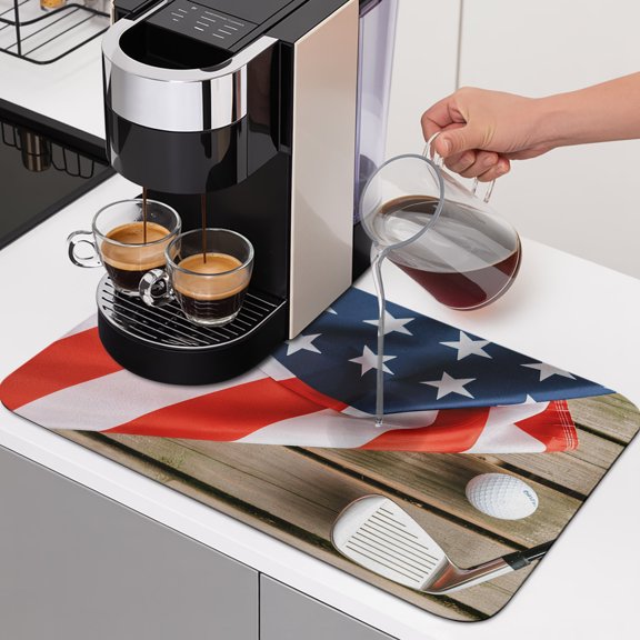 American Flag Dish Drying Mats for Kitchen Counter, Golf Ball Pole Vintage Board Absorbent Coffee Bar Mat with Non-slip Rubber Backed Quick Drying Dish Rack Pad 12"x16"