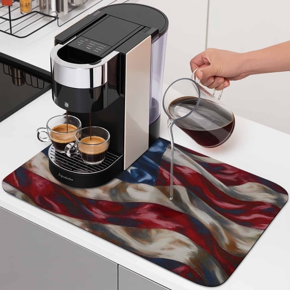 American Flag Dish Drying Mats for Kitchen Counter, Independence Day Stars Stripes Ripples Absorbent Coffee Bar Mat with Non-slip Rubber Backed Quick Drying Dish Rack Pad 12"x16"